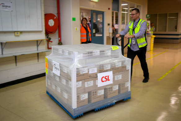 Locally made doses of the AstraZeneca vaccine at CSL’s Parkville facility in Melbourne.