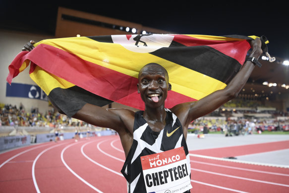 Joshua Cheptegei celebrates breaking the men’s 5000 metre record in Monaco last year.
