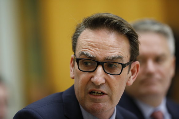 Treasury Secretary Steven Kennedy at a Senate Estimates Committee hearing in March with Finance Minister Mathias Cormann.