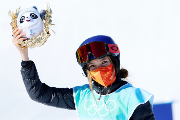 Gold medallist Ailing Eileen Gu, of  China, celebrates on Tuesday.