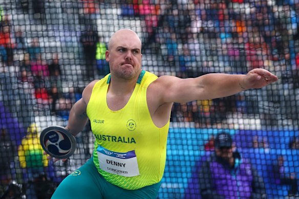 Matthew Denny of Team Australia competes in the men’s discus throw final.