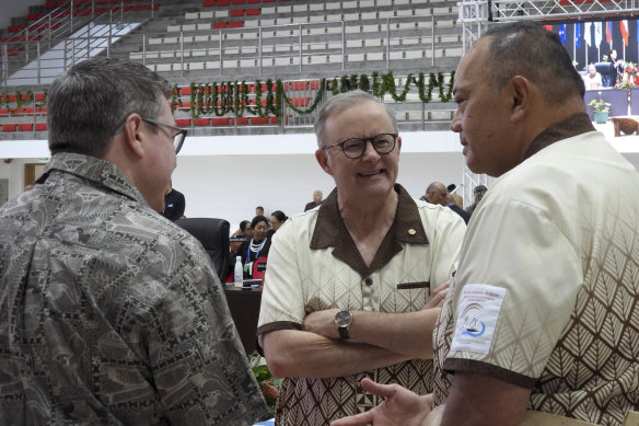 From left: Pacific Minister Pat Conroy, Prime Minister Anthony Albanese and Tongan Prime Minister Siaosi Sovaleni at the Pacific Islands Forum in Nuku’alofa, Tonga, this week.