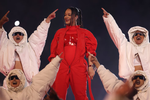 Rihanna and her bump at the Super Bowl half-time show in February.