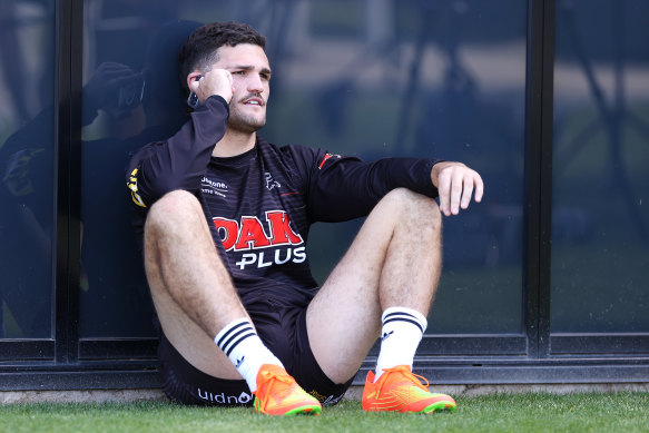Nathan Cleary takes time out at training on Monday.
