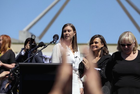 Brittany Higgins and Lisa Wilkinson outside Parliament House in March 2021.