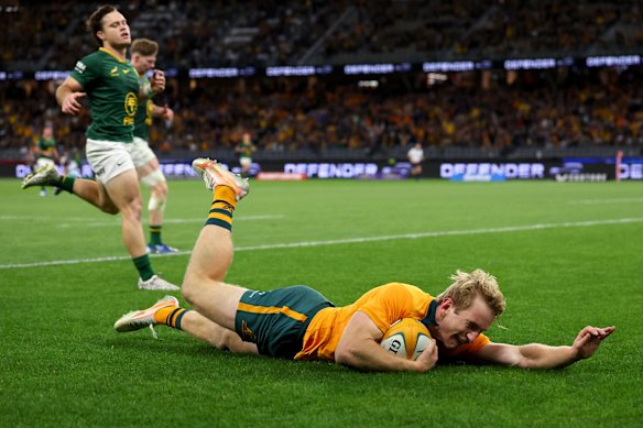 World-class Wallabies winger Max Jorgensen scores a try against South Africa last month.
