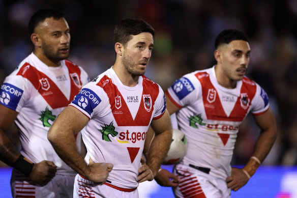 Ben Hunt looks dejected after a Cronulla try.