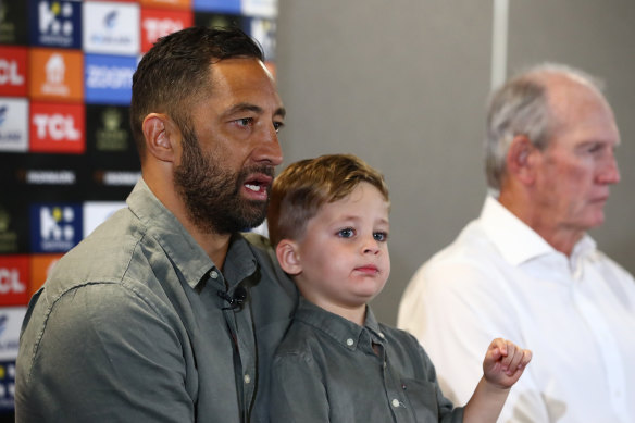 Benji Marshall with his son, Fox, and Wayne Bennett during their time at South Sydney in 2021.