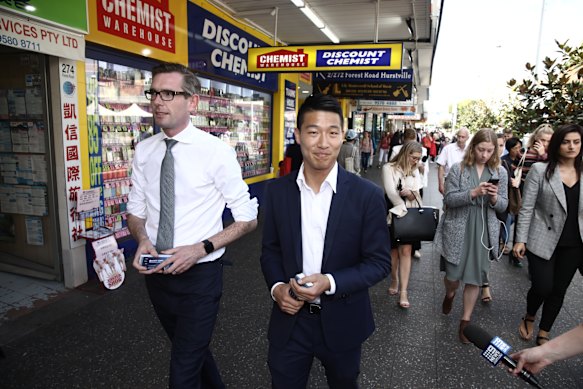 A well-connected man: Scott Yung campaigning in Hurstville with Dominic Perottet in 2019.