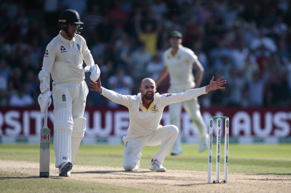 Nathan Lyon appeals after Ben Stokes is hit on the pads with England one run behind Australia.