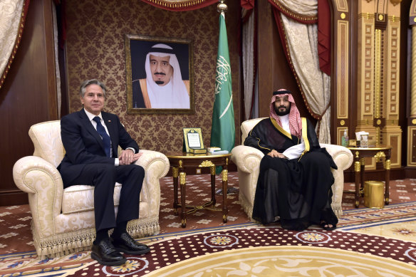 Saudi Arabia’s Crown Prince Mohammed bin Salman meets Secretary of State Antony Blinken in Jeddah, Saudi Arabia.