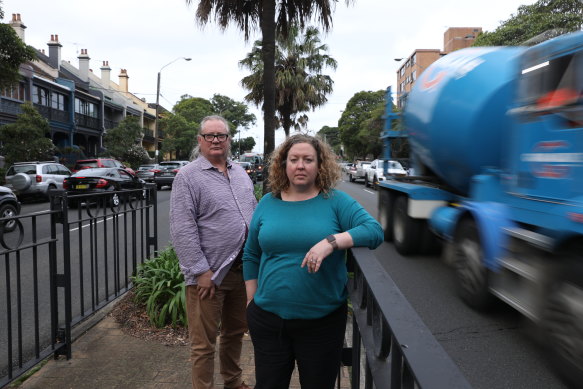 Resident Carla Degenhardt and Gumnut Gardens early learning centre operator Chris Kimber are worried about the pop-up cycleway on Moore Park Rd.