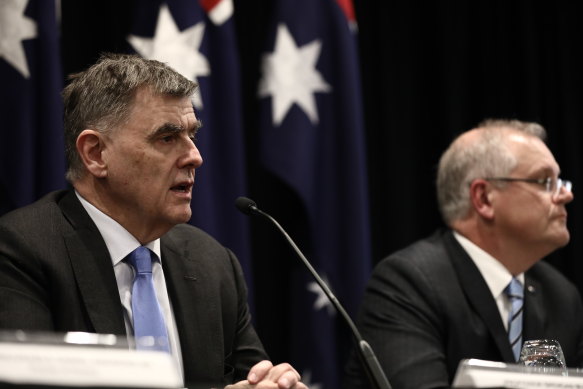 Dr Brendan Murphy, then the nation’s chief medical officer, with then prime minister Scott Morrison at a meeting with state leaders in March 2020.