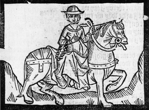 The Wife of Bath as seen in a woodcut by Richard Pynson for the 1492 edition of Chaucer’s Canterbury Tales.