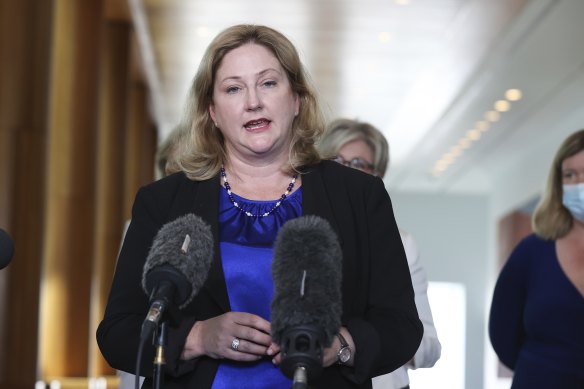Crossbench MP Rebekha Sharkie during a press conference at Parliament House in Canberra on  Thursday 17 February 2022.