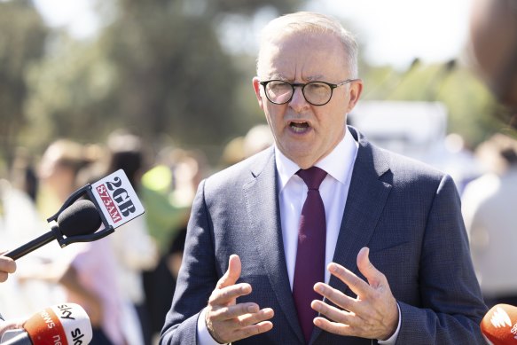 Prime Minister Anthony Albanese speaking to the media after he helped preside over Canberra’s citizenship ceremonies.