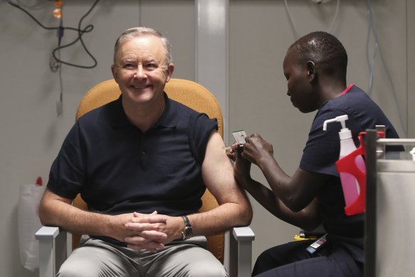 Opposition Leader Anthony Albanese received his first COVID-19 vaccination in February. He’s suggested offering a cash incentive to reach vaccination targets by December.