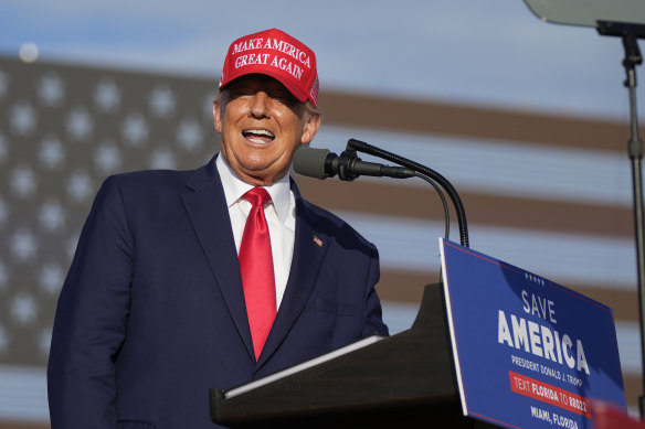 Donald Trump speaks at a campaign rally in support of Senator Marco Rubio at the Miami-Dade County Fair.