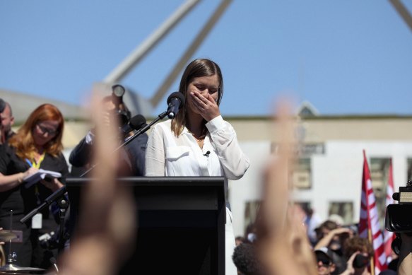 Brittany Higgins speaks at the March 4 Justice in Canberra.