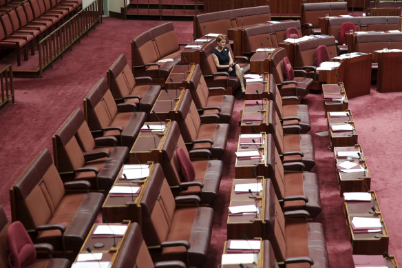 Senator Pauline Hanson sits alone during a vote opposing a motion condemning comments made by Bettina Arndt.