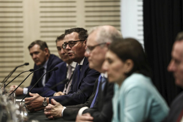 Andrews at a COAG meeting in Sydney with Morrison and Gladys Berejiklian in March 2020.
