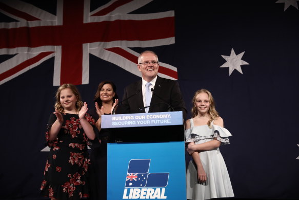 Scott Morrison and his family on election night in 2019. Polls failed to predict his victory