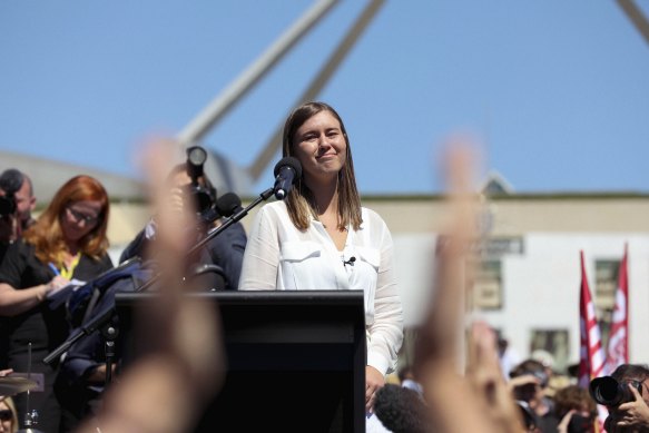 Former ministerial staffer Brittany Higgins at a rally in Canberra in March.