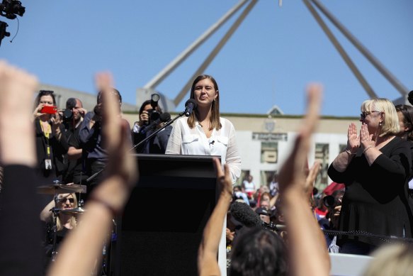 Former Liberal staffer Brittany Higgins speaking at the March 4 Justice rally outside Parliament House.