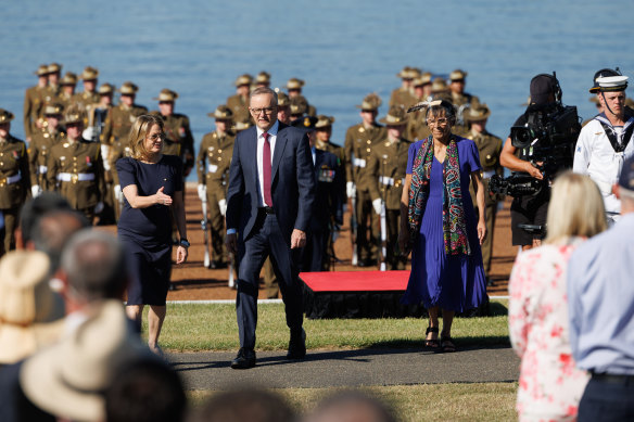 Prime Minister Anthony Albanese  during the flag raising and citizenship ceremony at Rond Terrace in Canberra.