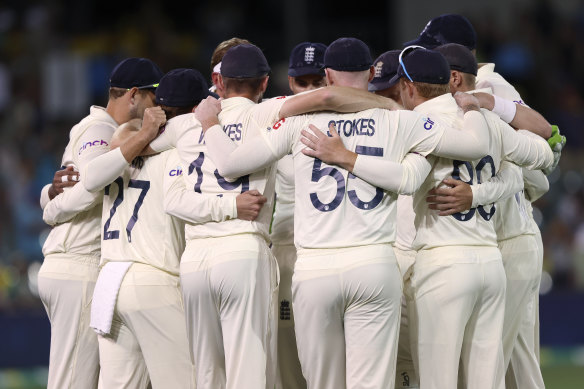 The English players huddle up on day three.