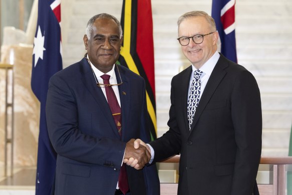 Vanuatu Prime Minister Ishmael Kalsakau is welcomed to Parliament House in Canberra by Prime Minister Anthony Albanese on Wednesday.