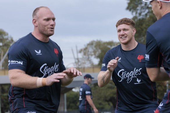 Matt Lodge (left) and Dylan Napa at Roosters training earlier this year.