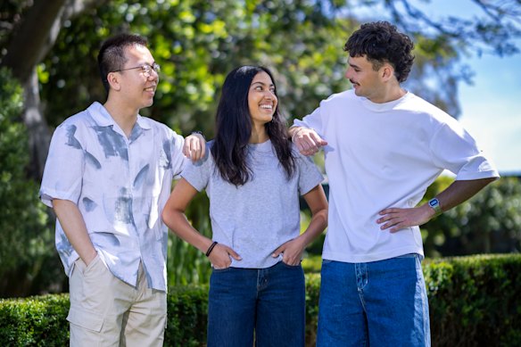 Alan Jiang 18, Naima Luthra, 18, and Jack O’Connor, 17, from Mentone Grammar received their results today.