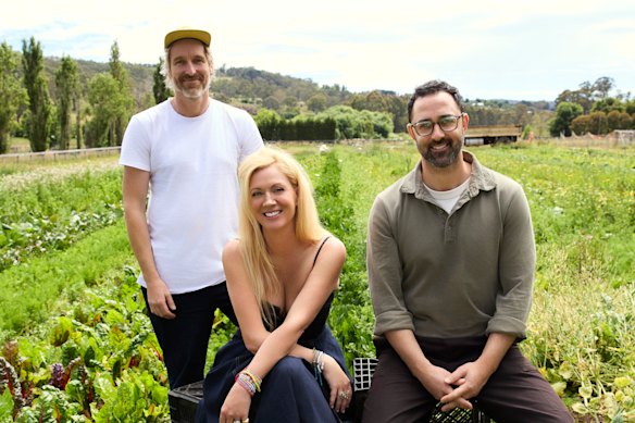 Three Blue Ducks founders Darren Robertson, Annie Cannon-Brookes and Andy Allen at Burradoo.