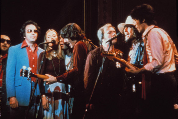 Dr John, Neil Diamond, Joni Mitchell, Neil Young, Rick Danko, Van Morrison, Bob Dylan, and Robbie Robertson in The Last Waltz