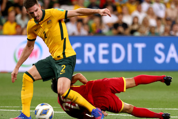 Milos Degenek in action in a World Cup qualifying game against Vietnam.