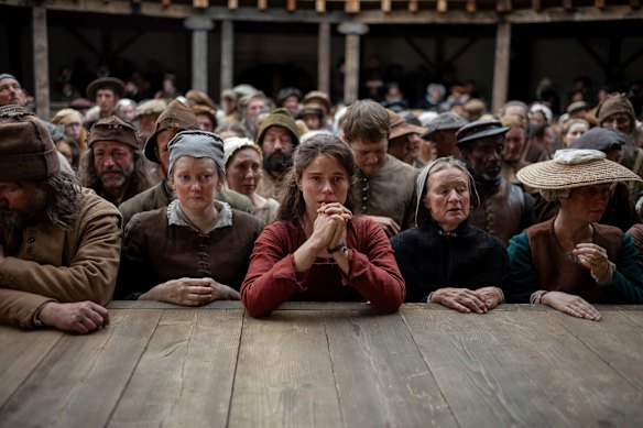 Jessie Buckley in Hamnet’s closing scene, as Agnes watches her husband’s new play. 