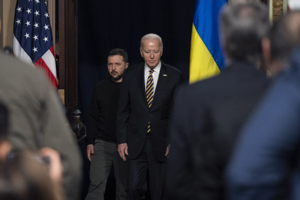 US President Joe Biden and Ukrainian President Volodymyr Zelenskyy arrives at a news conference in the White House Campus on Tuesday.