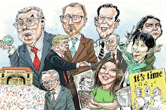 2025: A year to forget? Back row: Murray Watt; James Paterson; Matt Canavan; Jacinta Nampijinpa Price.
Middle: Trump; Putin; Sanae Takaichi.
Bottom: Albanese; Troy Bramston’s book cover; Sarah Hanson-Young; It’s time 50th Anniversary.