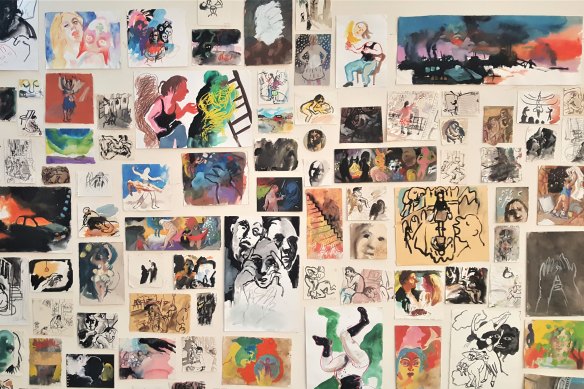 Wendy Sharpe’s studio installation of small works on paper, 2018.