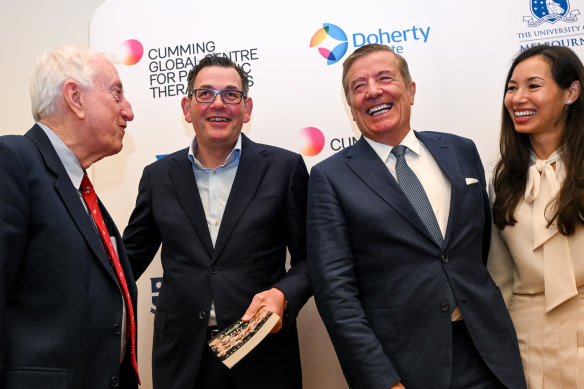 Peter Doherty and Premier Daniel Andrews with Geoff and Anna Cumming at the announcement of The Cumming Centre for Global Pandemic Therapeutics.