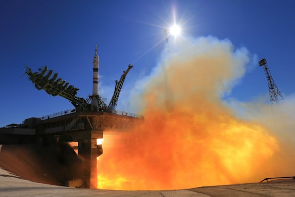 The Soyuz rocket booster carrying actress Yulia Peresild, film director Klim Shipenko and cosmonaut Anton Shkaplerov to the International Space Station.