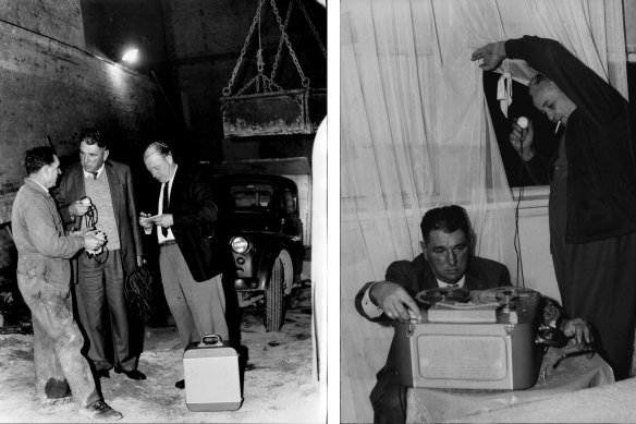 
In the first image, Union officials Jack Dwyer (centre) and Lloyd Grove (right) are refused permission to record noise at city construction site, and in the second image the pair make a recording from a nearby apartment. 