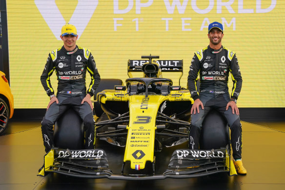 Renault F1 drivers Daniel Ricciardo, right, and Esteban Ocon, left, pictured in Melbourne before the Australian Grand Prix was cancelled. 