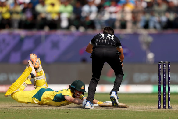 Marnus Labuschagne dives to complete a run against New Zealand.