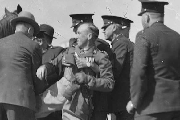 Francis de Groot of the New Guard is arrested at the opening of the Sydney Harbour Bridge, March 19, 1932