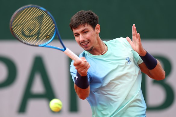 Alexei Popyrin plays a forehand against Alejandro Tabilo of Chile.