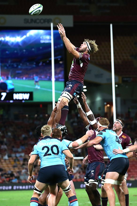 Angus Scott-Young wins the ball at a lineout against the Waratahs.