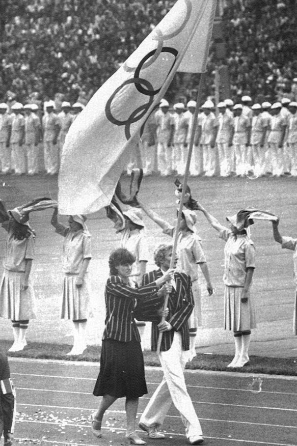 The Australian team carry the Olympic flag during the Opening Ceremony.