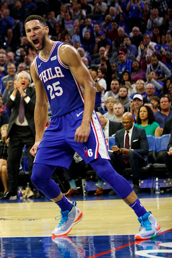 Ben Simmons reacts to a dunk in the 76ers' win over Boston.